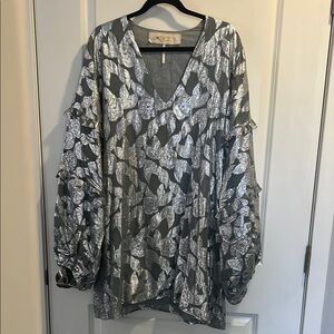 Free People Jen's Pirate Booty Silver and Blue Graphic Oversized Dress